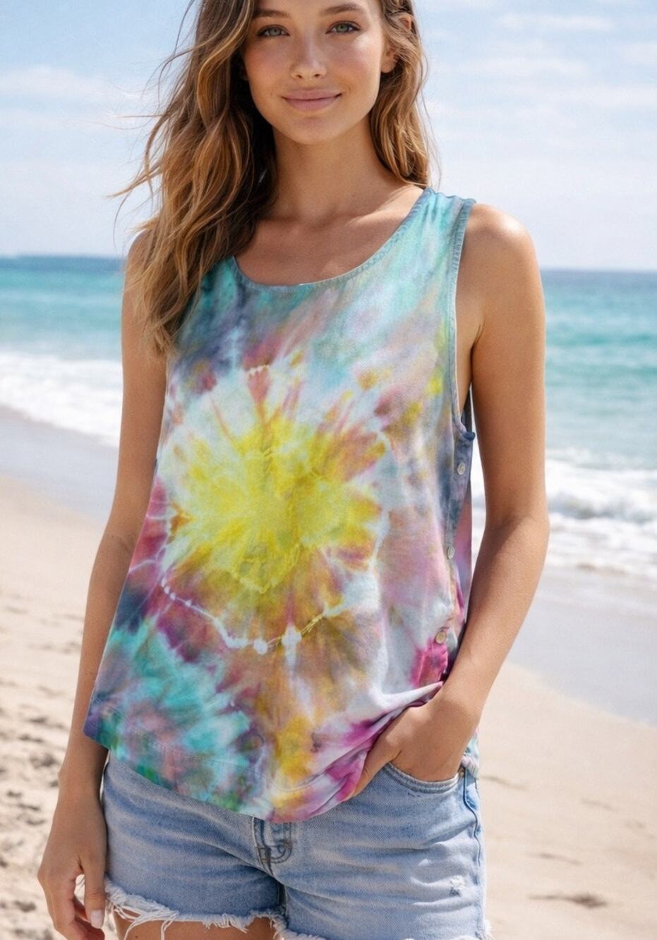 Reworked Tie-Dyed Draper James Denim Chambray Side Button Sleeveless Blouse